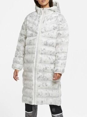 Nike Sportswear, Marble White/Gray, Eco-down Long Hooded Puffer Jacket - Small
